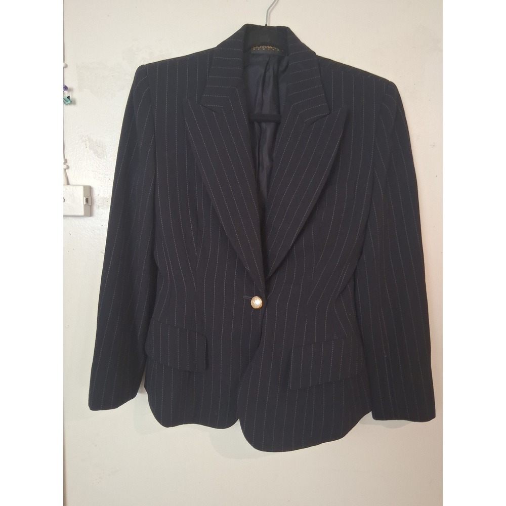 Donna Karan New York Navy Pinstripe Pure Wool Blazer Jacket Pearl Button Size 2